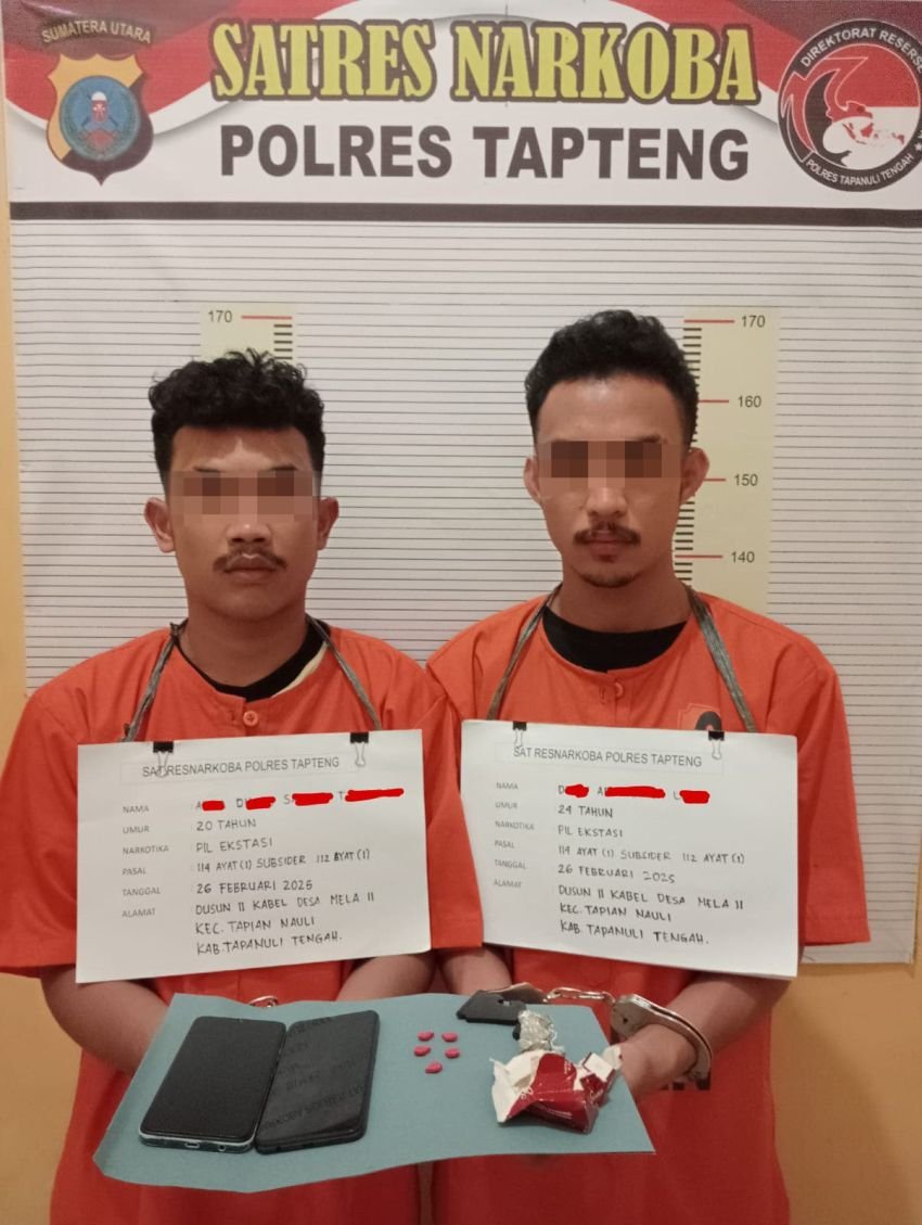 Polres Tapanuli Tengah Tangkap 2 Pengedar Ekstasi di Sarudik, Sita 5 Butir Pil dan Barang Bukti Lainny