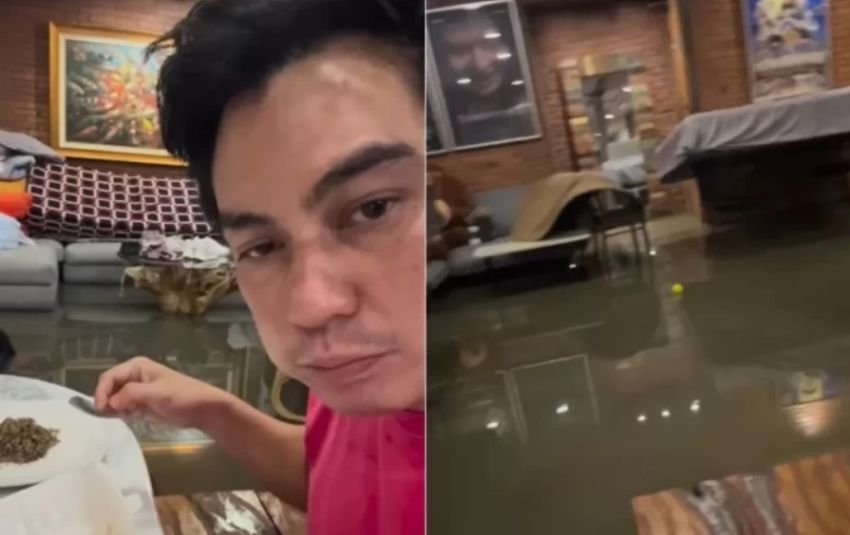 Selebrity Baim Wong Santai Menikmati Sahur Ditengah Genangan Banjir